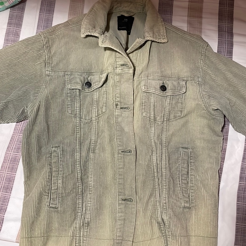 Zara oversized corduroy washed green denim jacket